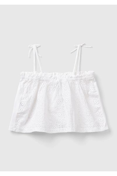 United Colors of Benetton Girl's White Front Logo Embroidered Bow Detailed Thin Strap Blouse