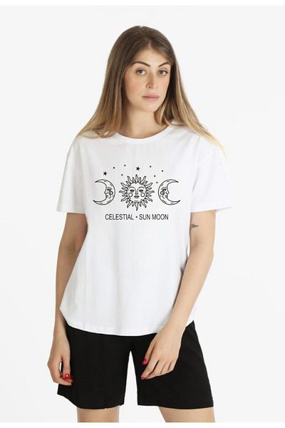 Elfa Tekstil Σετ σορτς και μπλουζάκι με στάμπα Sun moon, μοντέρνο καλοκαιρινό σετ