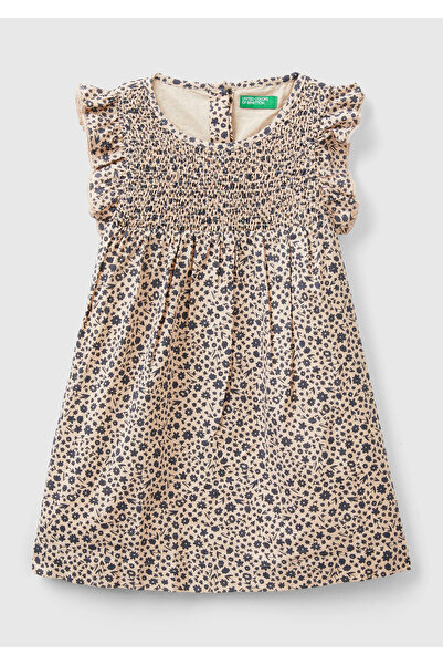 United Colors of Benetton Кафява рокля с волани и копчета за момиче, изцяло шарена и с шарки