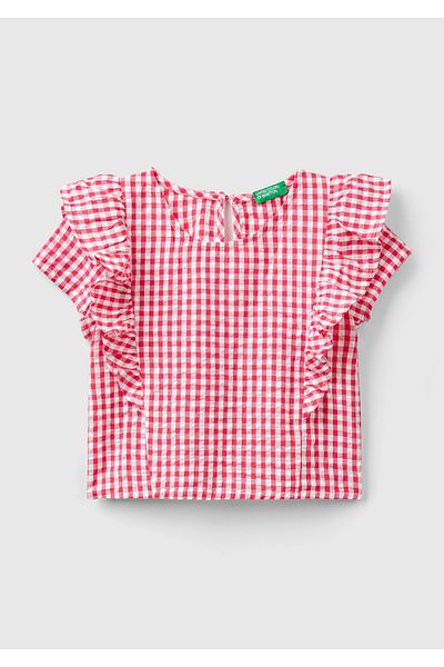 United Colors of Benetton Girl's Red All Patterned Buttoned Blouse with Frill Detail on the Front and Back