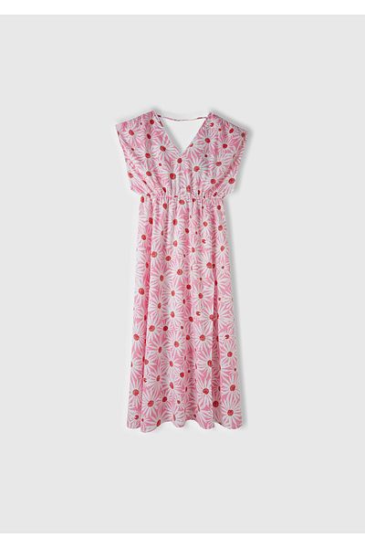 United Colors of Benetton Women's Pink Mix 100% Viscose All Patterned Slit Deep V-Neck Dress