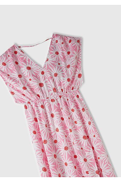 United Colors of Benetton Women's Pink Mix 100% Viscose All Patterned Slit Deep V-Neck Dress