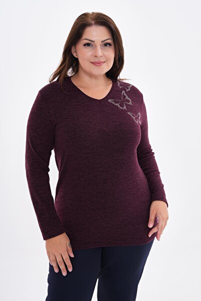 charamela Kadın Uzun Kollu Yakası Taş Detaylı Büyük Beden Triko Görünümlü Blu...