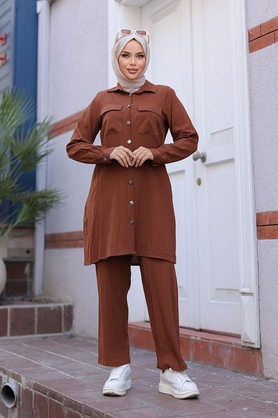 MİSSKAYLE Καφέ κοστούμι Hijab με λεπτομέρεια τσέπης