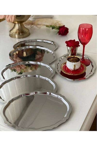 MİNEL dekor 20 cm 25 cm Stainless Steel Oval 6 Pieces Tea Coffee Presentation Catering Promise Engagement Ring Tray Decorative Stylish