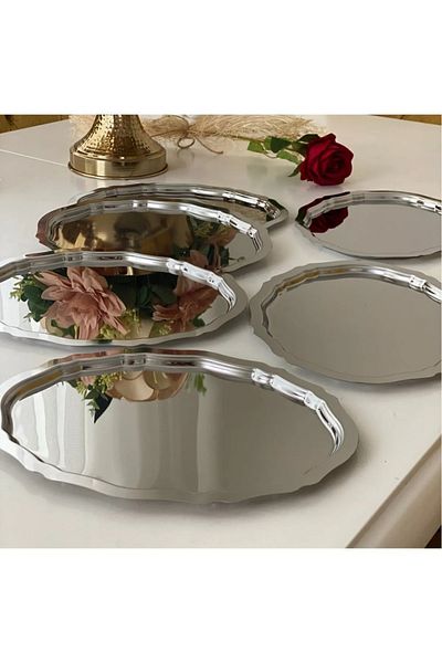 MİNEL dekor 20 cm 25 cm Stainless Steel Oval 6 Pieces Tea Coffee Presentation Catering Promise Engagement Ring Tray Decorative Stylish