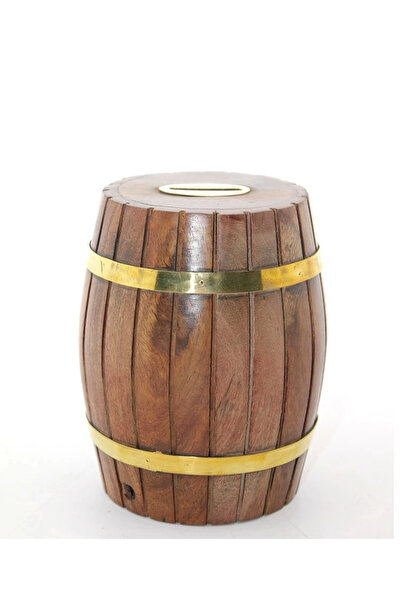 AL - KAR TİCARET Brass Wooden Barrel Piggy Bank 12.5 cm Wb535