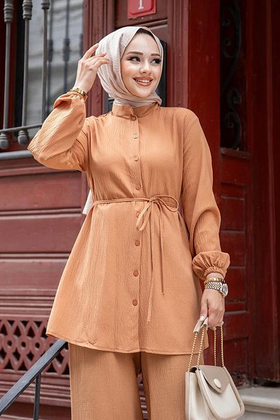 MİSSKAYLE Σετ παντελόνι Hijab Camel Color και φούτερ με γιακά Judge