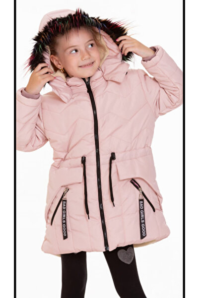 ÖFİ Kids Girl's Inflatable Removable Furry Hooded Waterproof Jacket