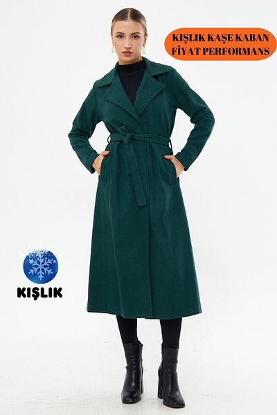 Oyga Emerald Colored Women's Winter Stamp Coat - Belted and Unlined