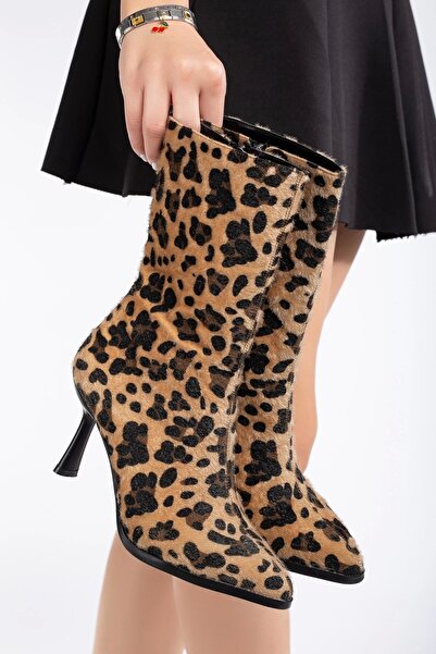 LULO Kadın 8 cm Şık Moda Leopar İnce Topuklu Streç Bot ve Çanta Takımı
