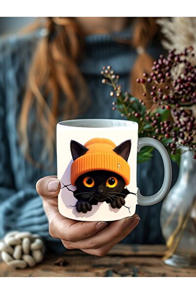 Evion Beret Cat Cracked Wall Themed 3D Design Ceramic Mug - Gift Mug