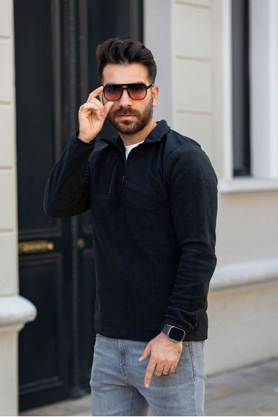 thekaplan Fleece Half Zipper Regular Fit Men's Black Fleece Sweat with Comfortable Fit Pocket Detail