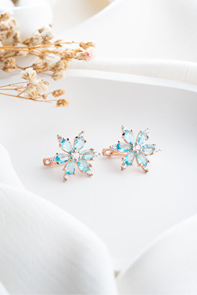 ESSARE 925 Ayar Gümüş Rose Kaplama Aquamarin Taşlı Çiçek Küpe