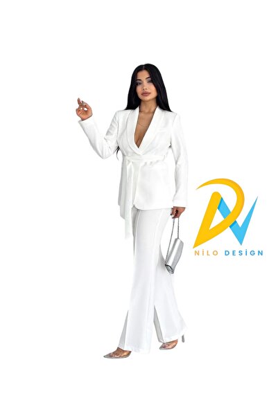 Genel Markalar Kadın Takım Elbise, Kemerli Şal Yaka Blazer Ceket Boru Paça Esnek Pantolon