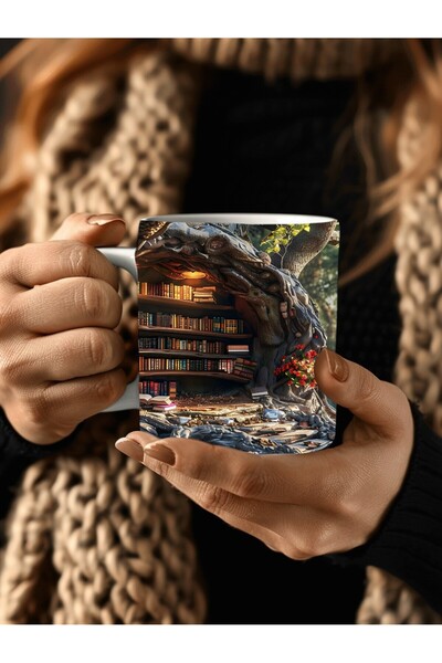 Evion Mağara Ve Ağaç İçi Kitaplık Kütüphane Baskılı 3D Tasarım Seramik Kupa Mug - Hediyelik
