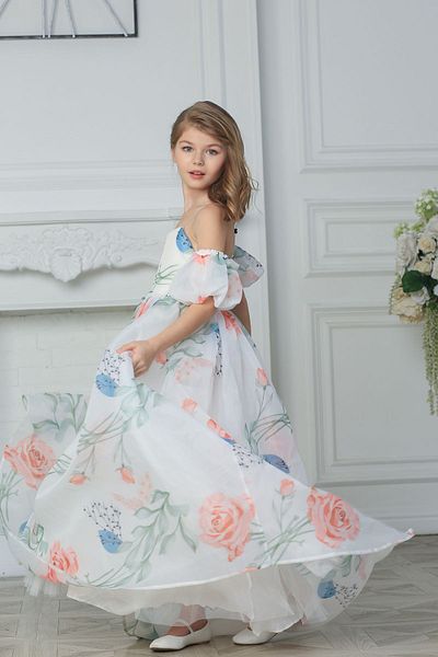 By Feyza Kids Collection من تصميم فيزا جيرل، فستان سهرة بذيل من الأورجانزا الزهرية، من 7 إلى 14 سنة، أبيض وردي