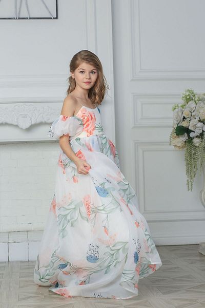 By Feyza Kids Collection Glass Organza Long Watermelon Sleeve Evening Dress for Girls - Graduation Dress
