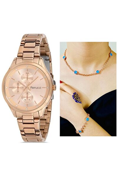 Ferrucci Rosegold Çelik Kadın Kol Saat+Nazarlıklı Set Hediyeli