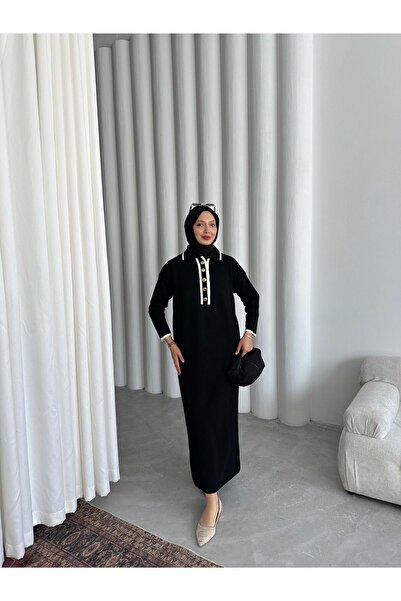 Bahar Altundemir Oversize Düğmeli V Yaka Fitilli Siyah Triko Tesettür Elbise ...