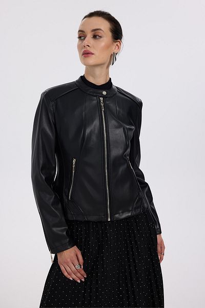 Ekol Zippered Stand Collar Leather Coat