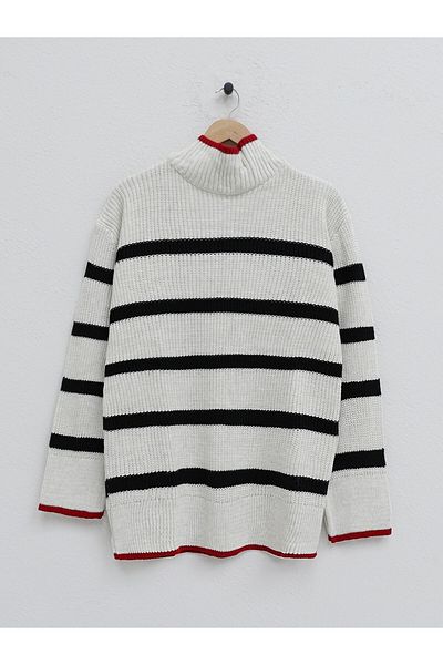 Modamorfo Stone-Colored Half-Necked Formal Patterned Knitwear Tunic