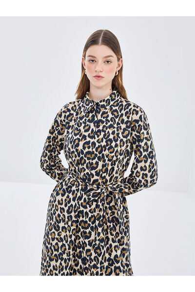 LC Waikiki Beige Leopard Patterned Women's Shirt Dress