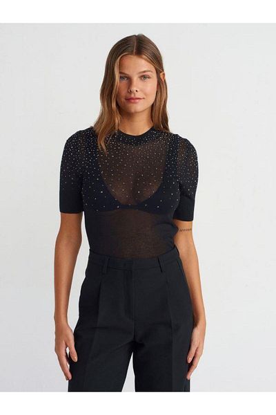Dilvin 10605 Tricot cu mânecă scurtă Stoned Negru