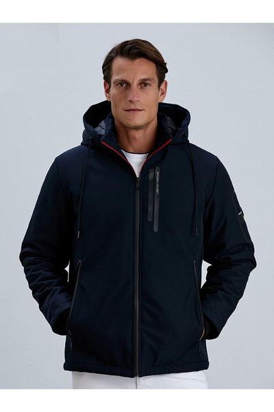 PIQUE Ανδρικό παλτό Softshell Navy Blue - Λεπτομέρεια με χοντρή κουκούλα και φερμουάρ