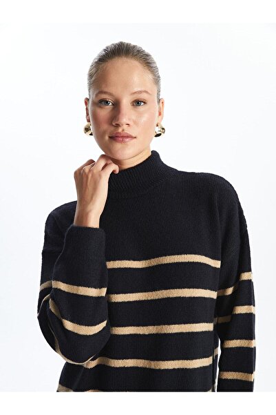 LC Waikiki LCW Modest Çizgili Yarım Balıkçı Yaka Çizgili Kadın Triko Elbise