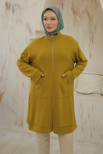 Armine TREND Boydan Fermuarlı Cepli Tunik Yağ Yeşili Yeni Sezon Giy/Çık DSB410 24/25 Modaayka