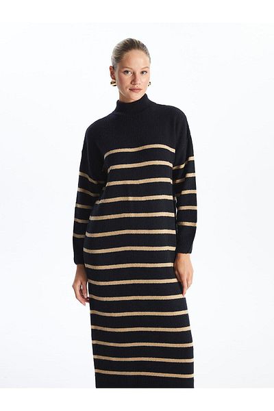 LC Waikiki Γυναικείο πλεκτό φόρεμα LCW Modest ριγέ μισό ζιβάγκο