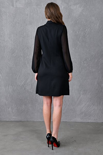 WOMAN VISION Kadın Kruvaze Ceket Yaka Anvelop Kesim Eteği Piliseli Tül Detaylı Uzun Kollu Siyah Elbise 24K2169