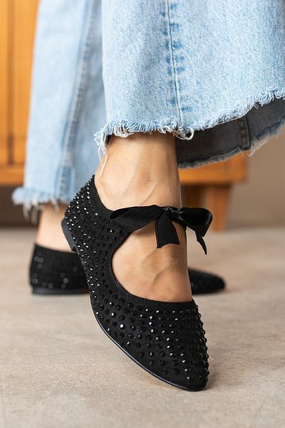 diclepolat Balerini de damă Pael Black Pointed Toe Stone Ribbon Detaliați