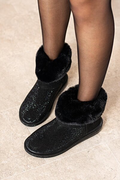 diclepolat Siyah Süet Içi Kürklü Düz Taban Bot Taş Baskılı kadın Bot Orben