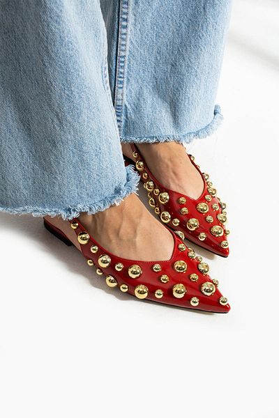 diclepolat Red Patent Leather Ballerinas - Gold Trop Detailed, Open Back Women's Rozi