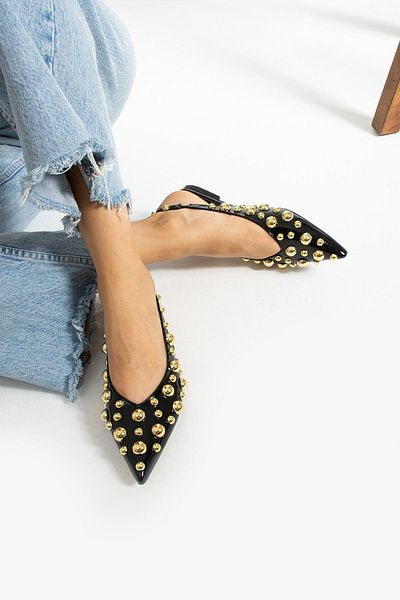 diclepolat Black Patent Leather Ballerinas - Gold Trop Detailed, Open Back Women's Rozi