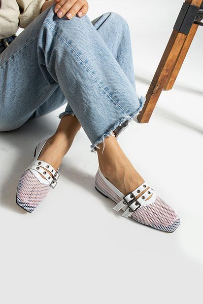 diclepolat White Double Belted Mesh Women's Casual Ballerinas - Oliwia