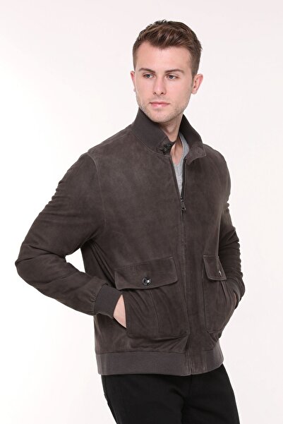 KENDE معطف بومبر كوليدج من الجلد الطبيعي للرجال من جلد الغزال أنثراسايت