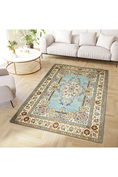 Rugs Modern Halı Mete Collection Blue and Beige Themed Traditional Motif Patt...