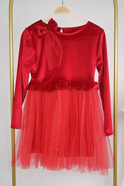 MİNİKO KİDS Girl's Christmas Themed Skirt Tule Lined Buckle Velvet Long Sleeve Dress