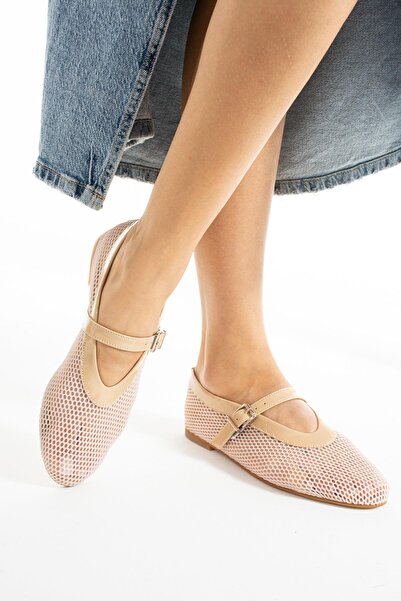 diclepolat Balerini de damă Alisa Beige cu detaliu curea din plasă