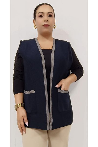 AKŞEN GİYİM Plus Size Women's - Steel Knit, Stripe Pattern, Short Vest with Two Pockets
