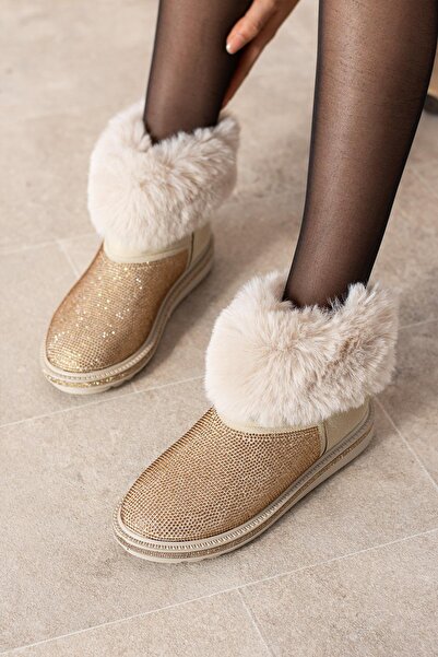 diclepolat Bej Süet Içi Kürklü Düz Taban Bot Taş Baskılı kadın Bot Orben