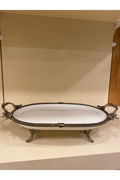 PLUS HOME PORSELEN BÜYÜKBOY OVAL DÖKÜM PİRİNÇ AYAKLI SUNUM KULPLU 34X22