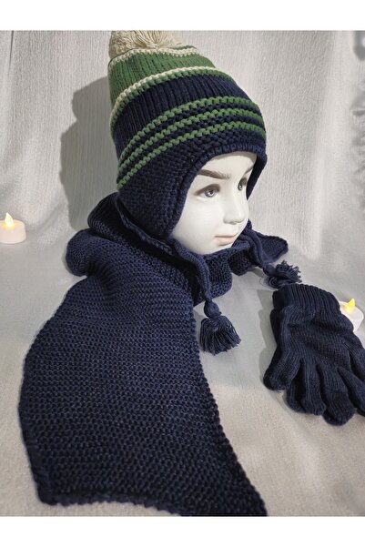 Kitti Erkek Çocuk Mavi Dışı Örme Triko Içi Polar Şapka Atkı Eldiven Takımı