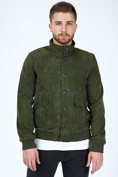 KENDE Suede Buttoned College H.green Men's Leather Jacket