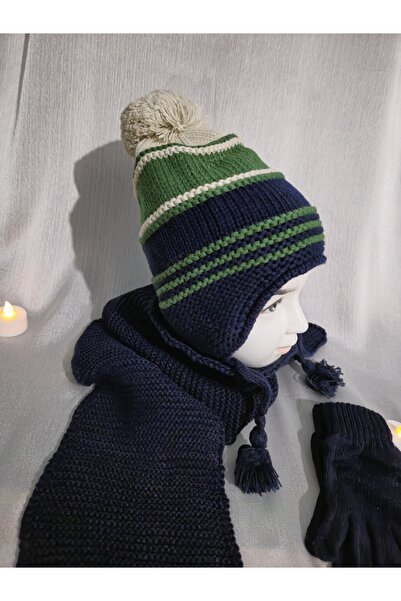Kitti Erkek Çocuk Mavi Dışı Örme Triko Içi Polar Şapka Atkı Eldiven Takımı