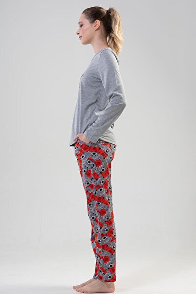VİENETTA Vienetta Kadın Gri Melanj Uzun Kollu Pijama Takımı