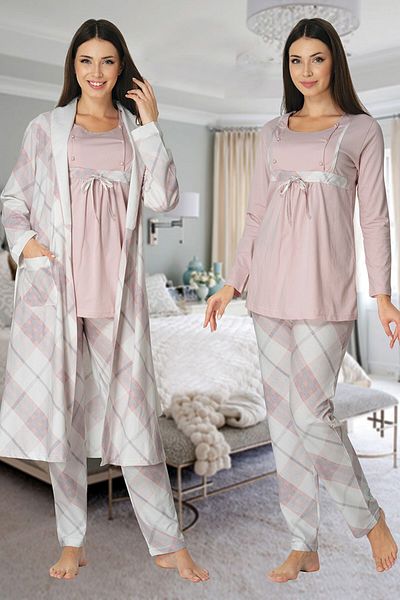 Pelin Women's Powder Long Sleeve Maternity Maternity 3-Piece Pajamas Set